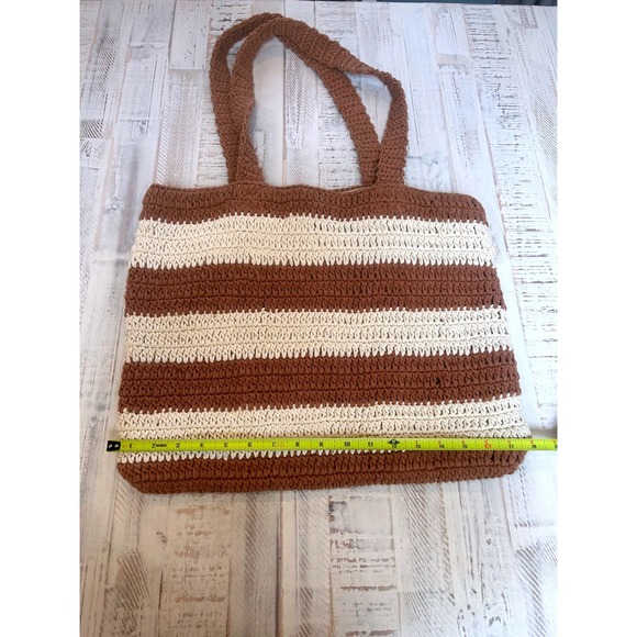 Striped Crochet Tote Bag Brown‎ Cream Casual Beach Shoulder Bag - Picture 4 of 7